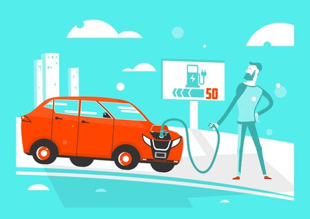 Illustration of the discharged electric car problem. Cartoon character with an electric car. Flat vector.のイラスト素材
