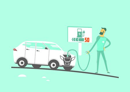 Illustration of the discharged electric car problem. Cartoon character with an electric car. Flat vector.のイラスト素材