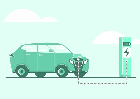 A simplified illustration of an electric car charging at a charging station. Side view. Flat vector.のイラスト素材
