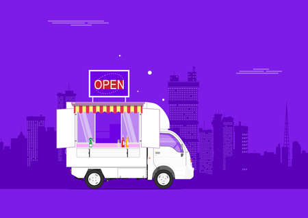 Street food reopening. Side view of a small food truck. Flat vector.のイラスト素材