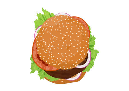 Burger with lettuce, onion, and tomatoes. Top down view. Flat vector.のイラスト素材