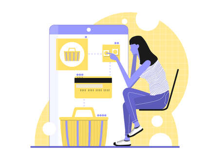 Online shopping concept. Woman shopping using a smartphone. Limited color flat vector illustration.のイラスト素材