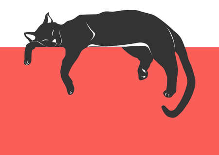 Cat napping. Black and white silhouette of a cat lying on a flat surface. Flat vector.のイラスト素材