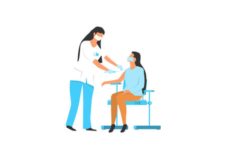 The nurse vaccinates the woman in a doctor's office. The concept of health protection through preventive vaccinations. Flat vector illustration.のイラスト素材