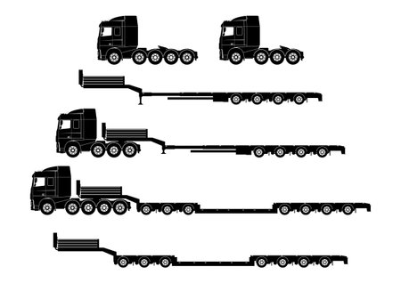 Heavy and oversized transportation. Oversize load transport silhouettes of trucks and trailers. Side view. Flat vector.のイラスト素材