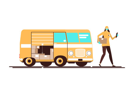 Courier delivering the package. Female courier in a protective mask with a package next to a delivery truck. Flat vector. No gradients. One layer.のイラスト素材