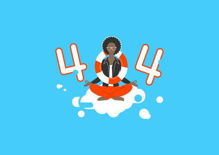Error 404 concept. Woman sitting in a lotus position with lifebuoy. Flat vector.