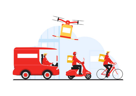 New normal safe delivery concept. Courier on bike, scooter and car and a drone with a package. Flat vector.のイラスト素材
