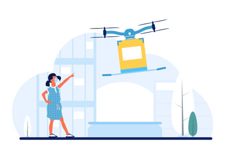 New normal drone delivery. Safe delivery concept. A drone delivering a package for a little girl. Flat vector.のイラスト素材