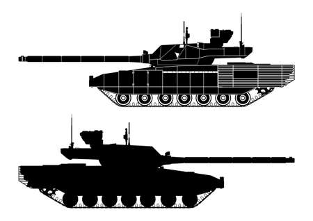 Silhouette of modern russian main battle tank . Side view. Flat vector.のイラスト素材