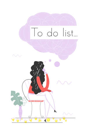 It's for a letter. The woman sitting on a chair trying to create a succesful to do list. Simple flat vector design.のイラスト素材