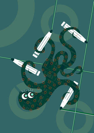 Creativity concept. Green octopus holding pencils. Flat vector.のイラスト素材
