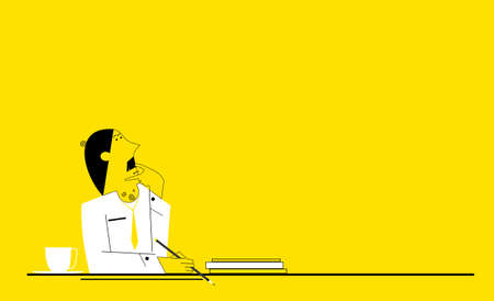 Copy space illustration. Man holding a pencil with his eyes focused on the copyspace. Limited colors flat vector.のイラスト素材