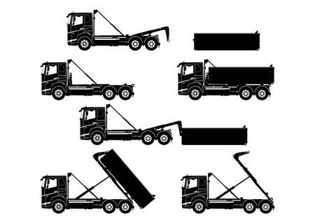 Silhouettes of skip truck hook lift with containers. Side view of roll on off skips. Flat vector.のイラスト素材
