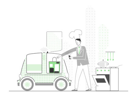 Modern cooking concept. Autonomous driverless car and smartphone as tools in the kitchen. Flat vector.のイラスト素材
