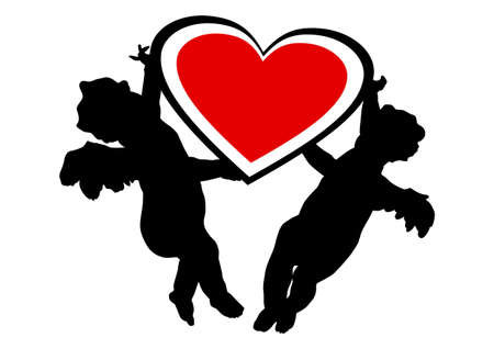 Valentine's day cupid silhouette. Two cupids holding a heart. Vector.のイラスト素材