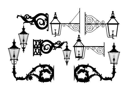 Silhouettes of vintage gas bracket lantern. Street lamp silhouette set. Flat vector.のイラスト素材