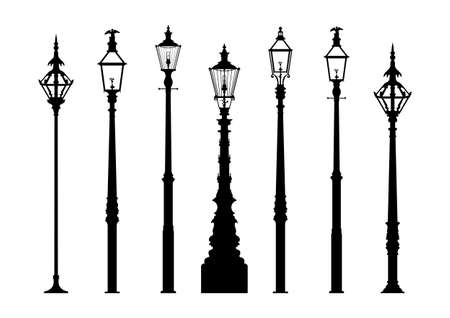 Silhouettes of vintage gas lantern. Street lamp silhouette set. Flat vector.のイラスト素材