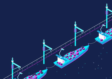 Future sea transport concept. Container ships supplied from the catenary. Limited color isometric vector.のイラスト素材
