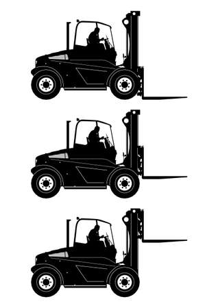 Silhouette of a heavy forklift truck. Side view with driver. Vector.のイラスト素材