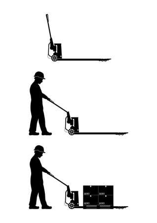 Silhouette of manual pallet jack with operator and load. Side view. Vector.のイラスト素材