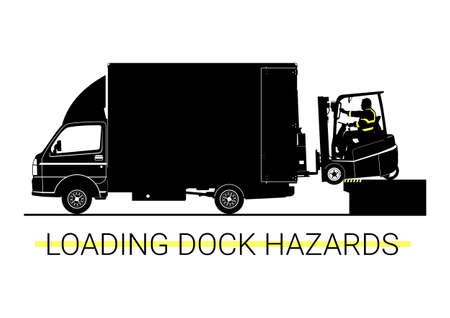 Loading dock hazards. Silhouette forklift truck falling from loading deck. Vector.