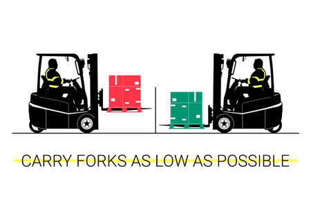 Carry forks as low as possible. Forklift hazards concept with two silhouettes. Flat vector.のイラスト素材