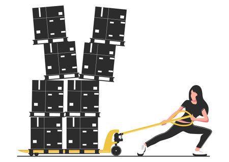 Warehouse hazards concept with a woman trying to pull overloaded pallet jack. Vector.のイラスト素材