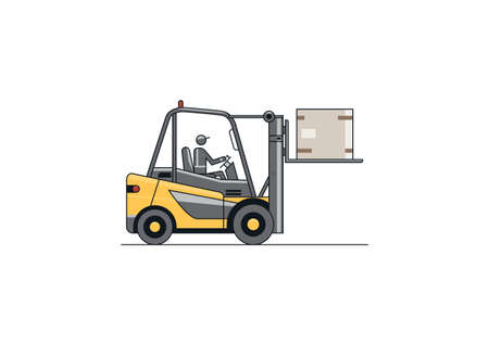 Flat line vector design of forklift with operator and load.