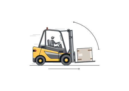 Traveling with raised forks and mast tilted back. Flat line vector design of forklift with operator and load.のイラスト素材
