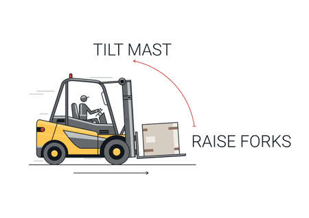 Traveling with raised forks and mast tilted back. Flat line vector design of forklift with operator and load.のイラスト素材