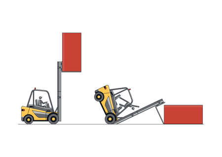 Tipping forklift accident. Flat line vector design of forklift with the operator and load.のイラスト素材
