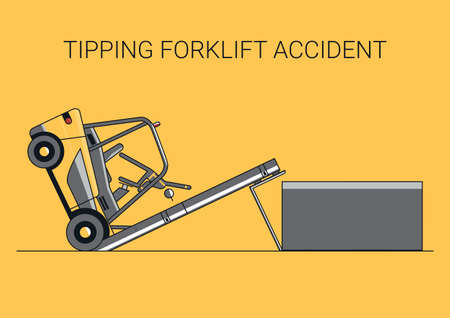 Tipping forklift accident. Flat line vector design of forklift with the operator and load.のイラスト素材