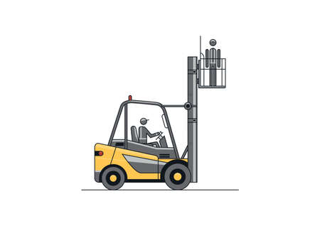Forklift equipped with safety cage. Flat line vector design of forklift with the operator and load.のイラスト素材