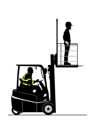 Forklift with work platform and operators. Silhouette of a compact forklift with a safety cage. Side view. Vector.のイラスト素材