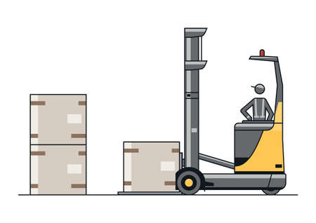 Line vector design of modern reach truck forklift with the operator and cargo.のイラスト素材