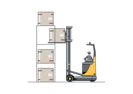 Line vector design of modern reach truck forklift next to the racks.のイラスト素材