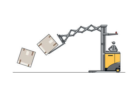 Overloading concept. Line vector design of modern scissors reach truck forklift.