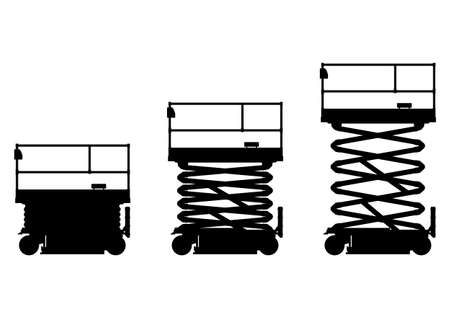 Silhouettes of electric scissor lift work platform. Vector.のイラスト素材