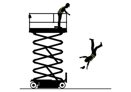 Fall from work platform hazard. Scissor lift safety concept. Vector silhouettes.のイラスト素材