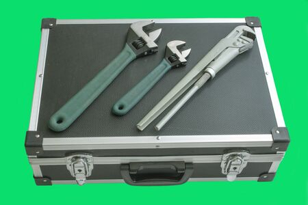 Tools different keys of the plumber metal on a suitcaseの写真素材