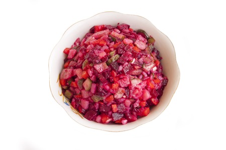 Food. Vegetarian. Salad of red color from beet, carrots, cabbage with olive oilの写真素材