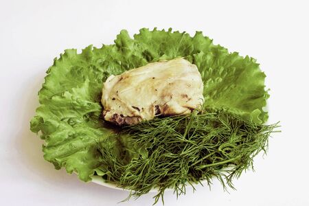 Food. Cookery. A fried chicken with a garnish from vegetablesの写真素材