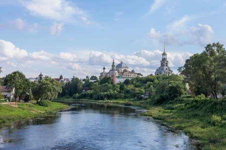 Ancient Russian city with churches on the river bankの写真素材