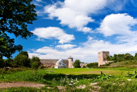 View of courtyard of Ivangorod fortress with churchesの写真素材