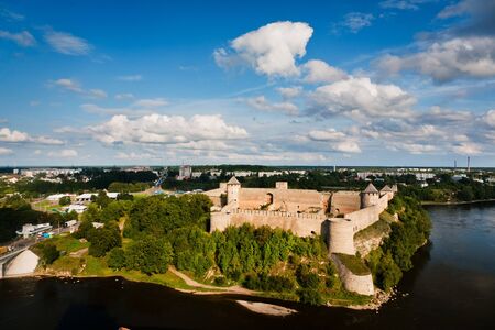 View of river and Ivangorod fortress on sunsetのeditorial素材