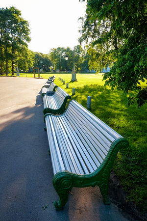 Number of benches in Kirov central park in sunny morningの写真素材