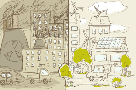 Green and industrial city. Alternative energy sources, eco friendly technology, wind generator, solar panels, electric car. Environmental pollution, waste production, contamination air and water.のイラスト素材