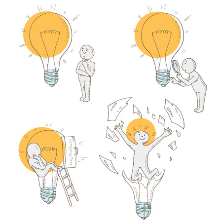 Ideas concept doodles. Process of finding solutions and making decision. Study of the object inside and outside. Set with lightbulb and man.のイラスト素材