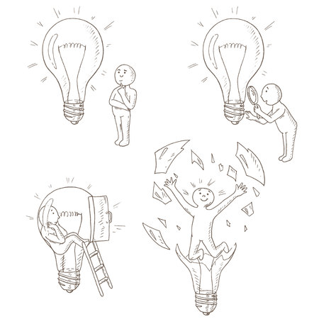 Ideas concept doodles. Creating ideas. Process of finding solutions, making decision and emergence of the idea. Study of the object inside and outside. Set with light bulb and man.のイラスト素材